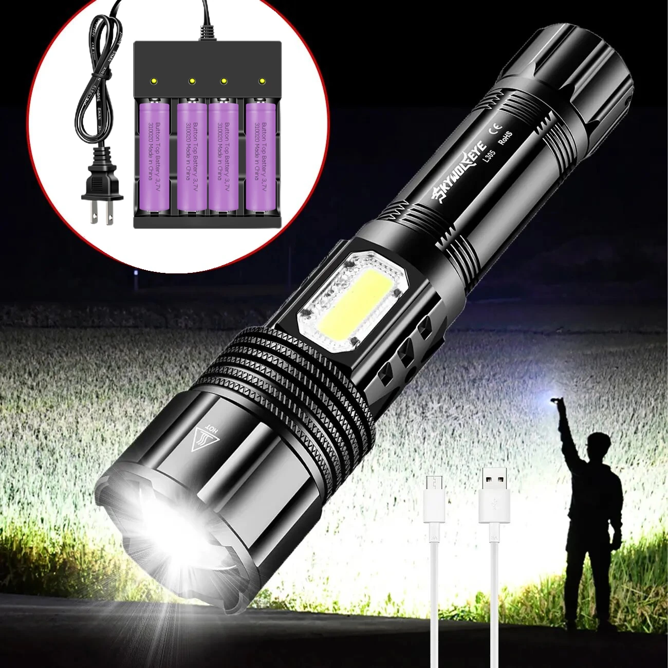 

Rechargable Led Flashlight Set COB Side Light 5 Working Modes Waterproof Torch 4 Slot Battery Charger for Camping Hiking Reading