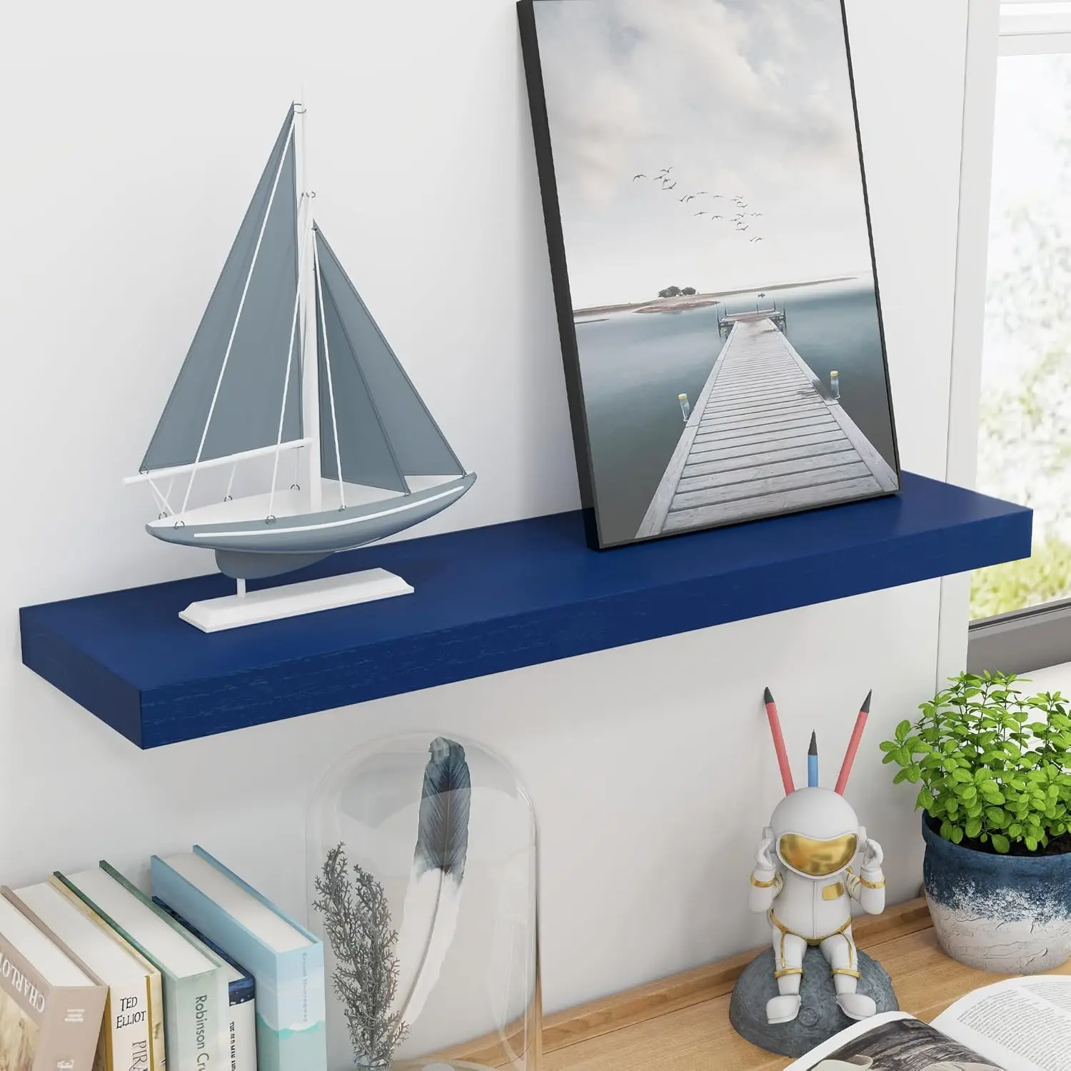 

30 Inch Floating Shelves, Dark Blue Floating Shelves For Wall Set Of 2, 30'' Long Wooden Wall Shelves For Living Room Bedroom