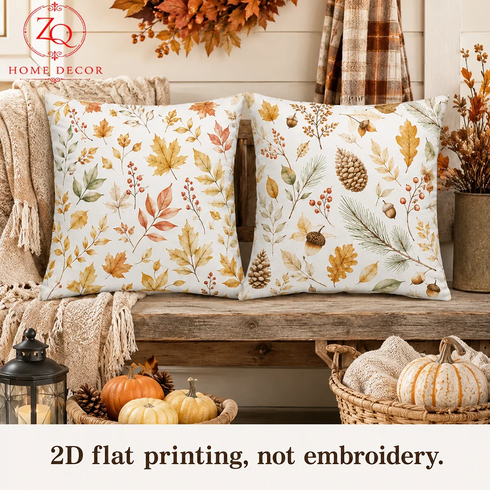 Aesthetic Autumn Room Decor 2Pcs Cushion Covers Coussin Peach Skin 2D Flat Printed Maple Leaf Pillow Cases For Bedroom