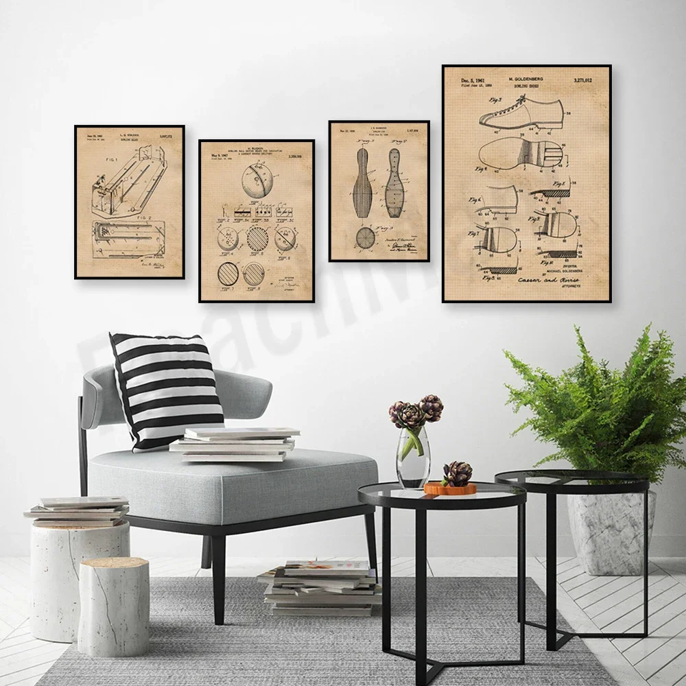 Vintage, bowling pin, bowling patent poster wall art decoration canvas painting picture vintage poster and coach sports team gif