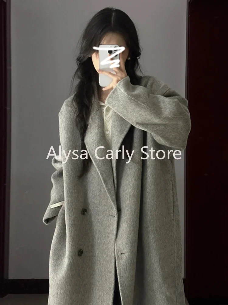 2023 Winter Long Woollen Coats Women Office Lady Loose Thick Warm Causal Jacket Female Y2k Outerwear Korean Fashion Trench Coats