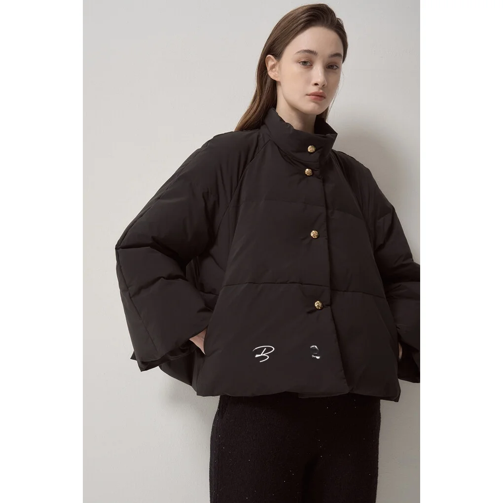 Casaco de Inverno F Versátil com Gola Alta e Botões, Jaqueta de Plumas de Ganso Espada, Manga Longa, Cor Sólida