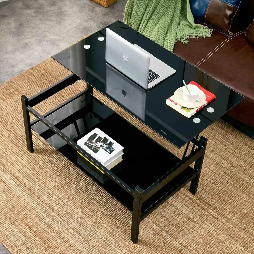 Lift Top Coffee Table with Storage Shelf, 2-Teir Open Storage Coffee Table Tempered Glass Rising Tabletop and Metal Frame