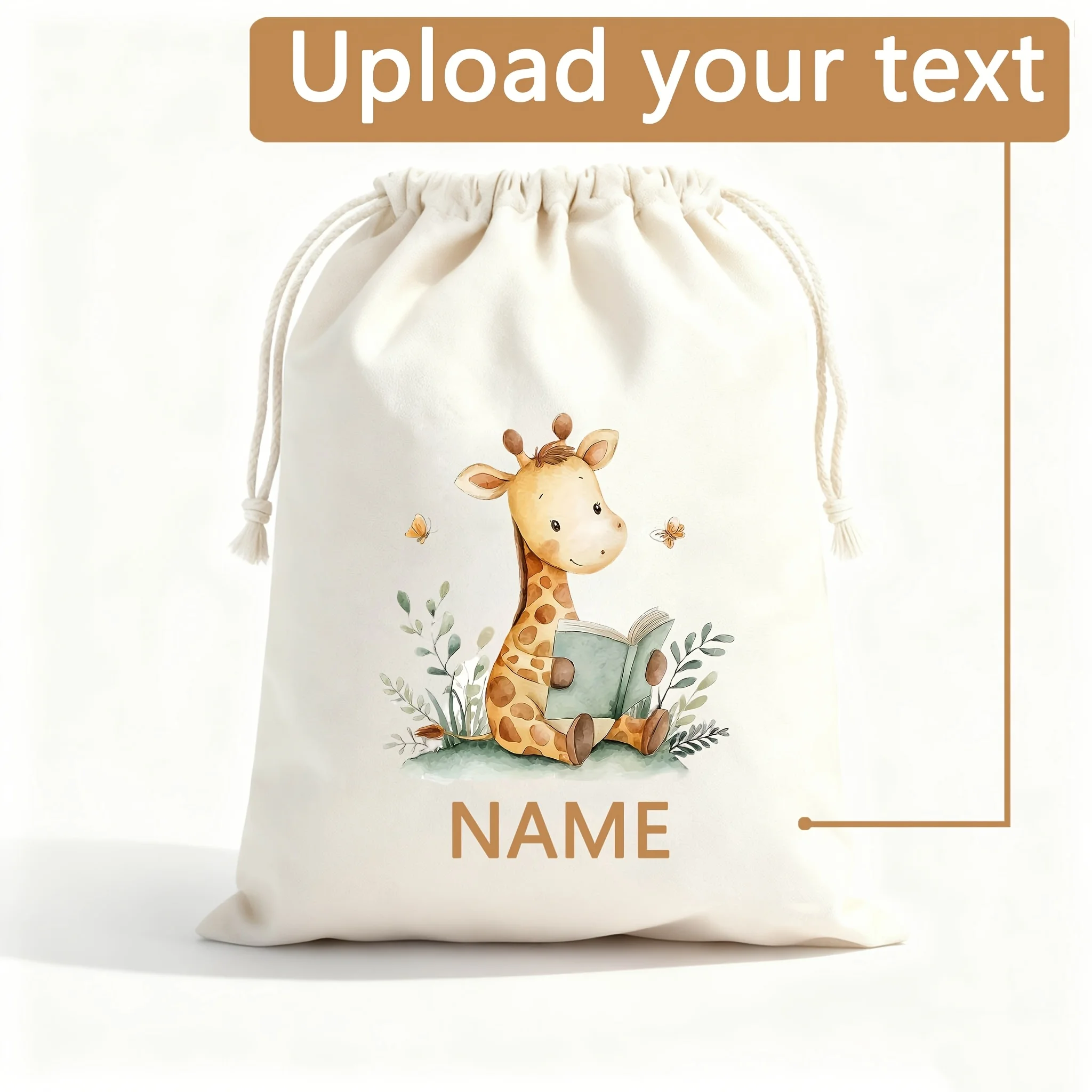 Customizable Name Artistic Giraffe Storage Bag Durable Canvas Drawstring Design Moderate Capacity Suitable Creative Markets