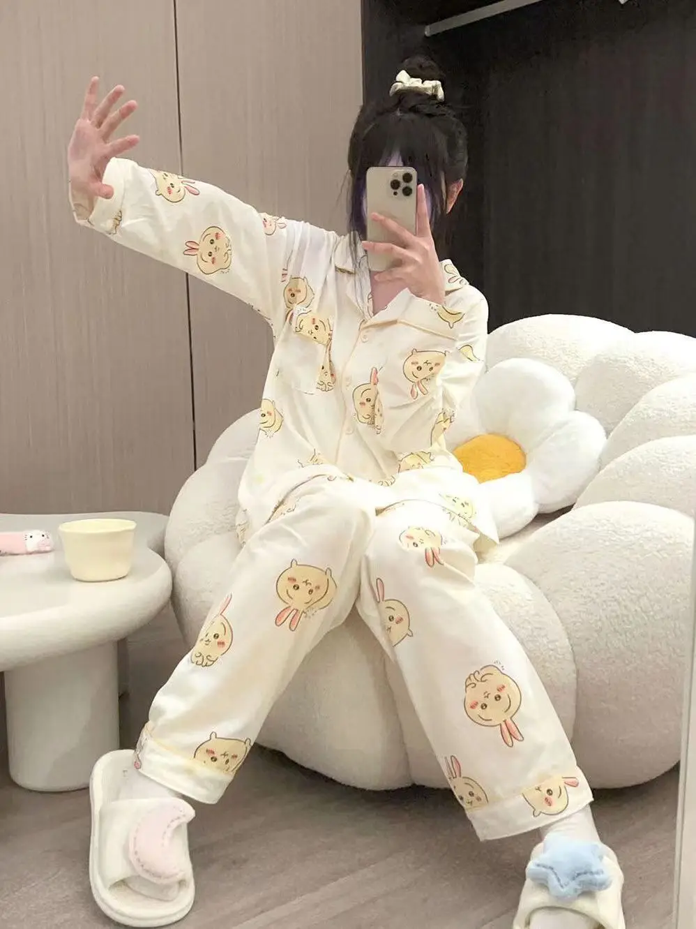 Chiikawa Pajamas Cute Usagi Pajamas Women Spring and Autumn New Kawaii Japanese Long-sleeved Trousers Girls Home Wear Set