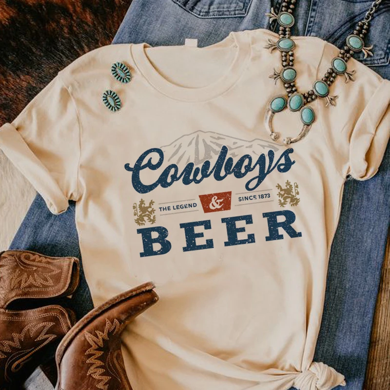 kuakuayu Cowboys Beer Funny Drinking T-Shirt Women Vintage Western Country Music Shirt Cowgirl Rodeo Graphic Tee Hippie Boho Top