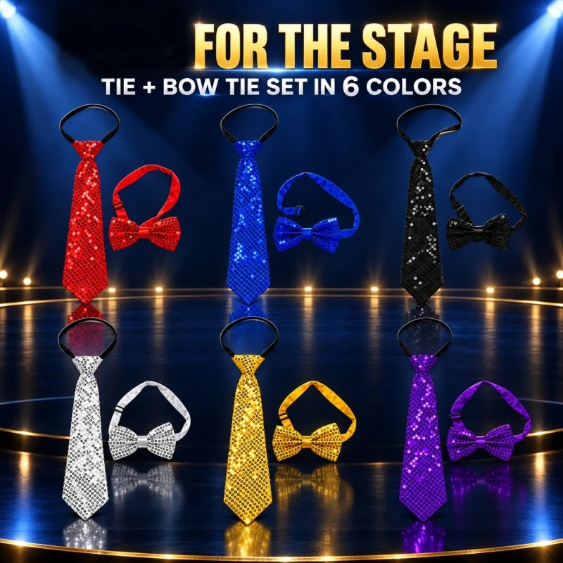 Sequined Necktie and Bowtie Set with PreTied Zipper Tie and Adjustable Bowtie for Stage Performances and Party Dressingup
