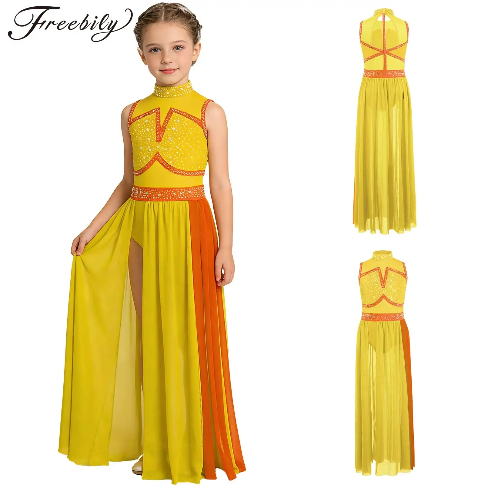 

Детское платье для лирического танца для девочек, без рукавов, с вырезом на спине, со стразами, макси-платье для выступлений, соревнований, фигурного катания, гала-вечеров