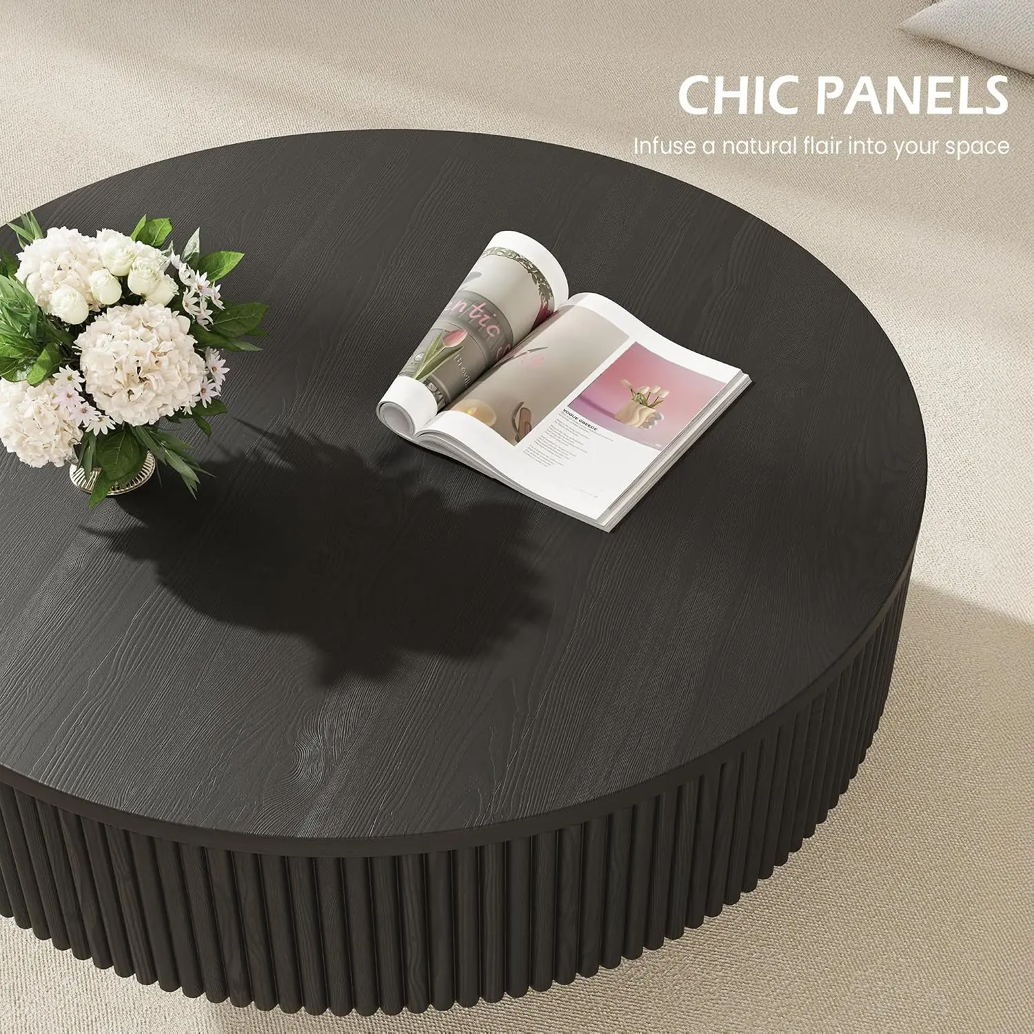 Round Fluted Coffee Table Modern Wood Veneer Handcrafted Relief Pedestal Living Room Easy Assembly Black, Customized