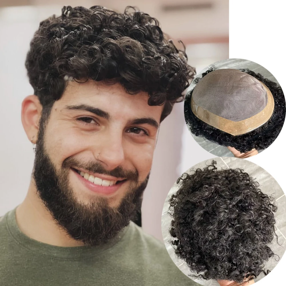 Cool Man Brown #4 15mm Curly Men Human Hair Toupee Durable Fine Mono PU Base Man Hair Prothesis System Hairpieces Natural Hair