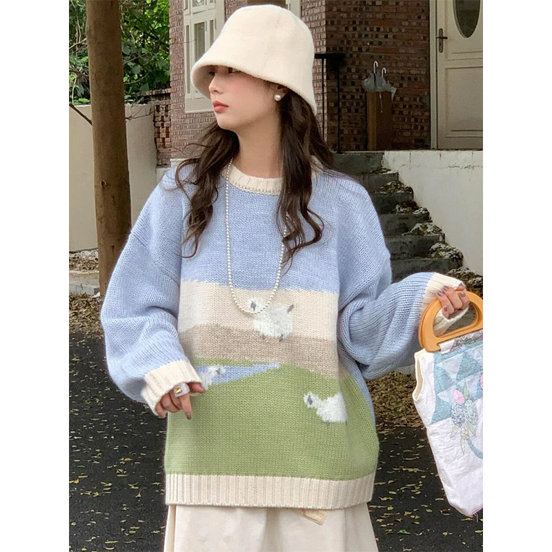 Autumn Winter Fashion Patchwork Jacquard Knitwear Ladies Sweet Preppy Style Long Sleeve Sweater All-match Casual Knitting Tops