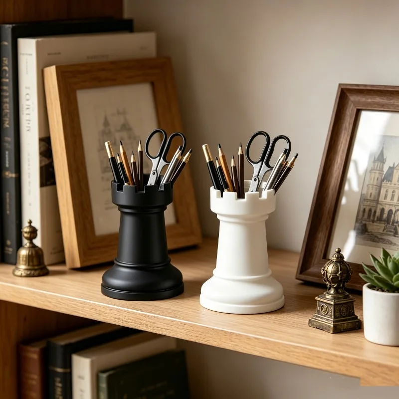 3D Printed Chess Rook Pen Holder Black Castle Tower Desk Organizer Chess Figurine Desktop Storage Ornament