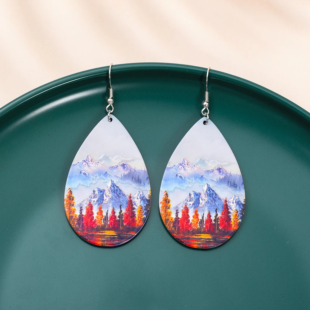 Fashion Snow Mountain Forest Landscape Relievo Printing Vintage Acrylic Water Drop Earrings For Women Leisure Vacation Jewelry