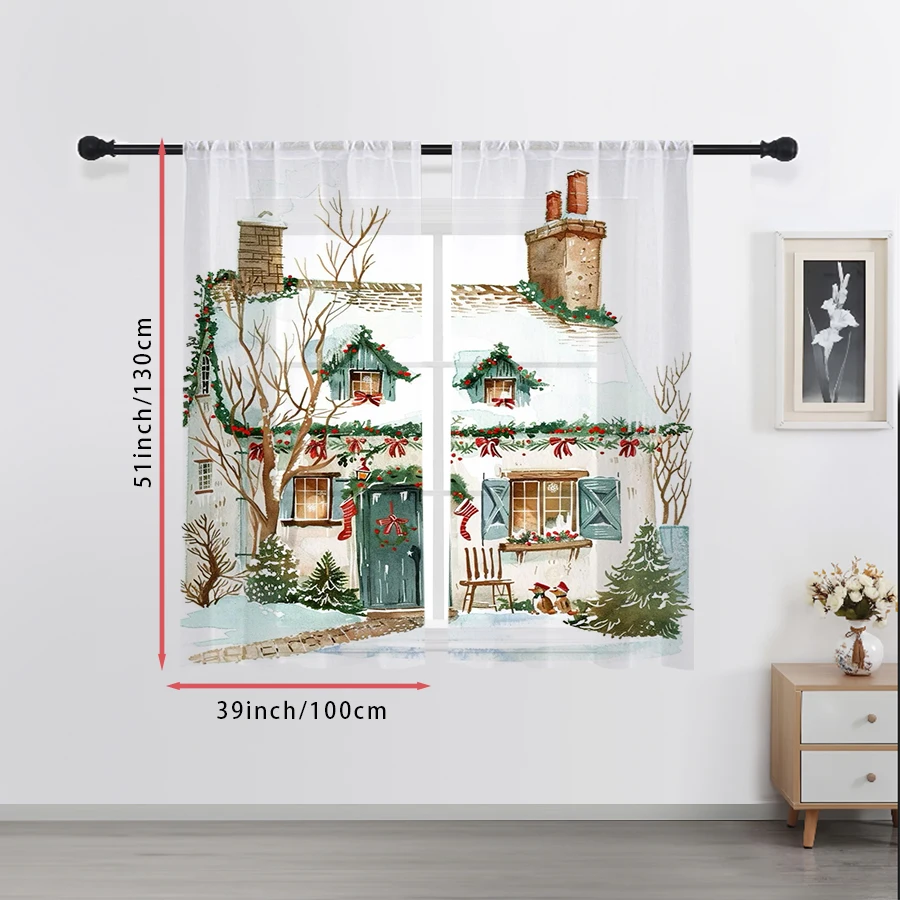 2PCS Sheer Curtains Watercolor Christmas Cottage Bow Stocking Print, Window Voile Panels for Bedroom Living Room Xmas Decor