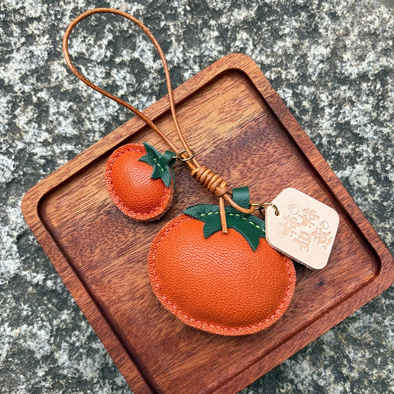 

Cow Leather Handmade Persimmon Bag Accessories Keychain Car Bag Charm Good Thing Happened Gift Pendant