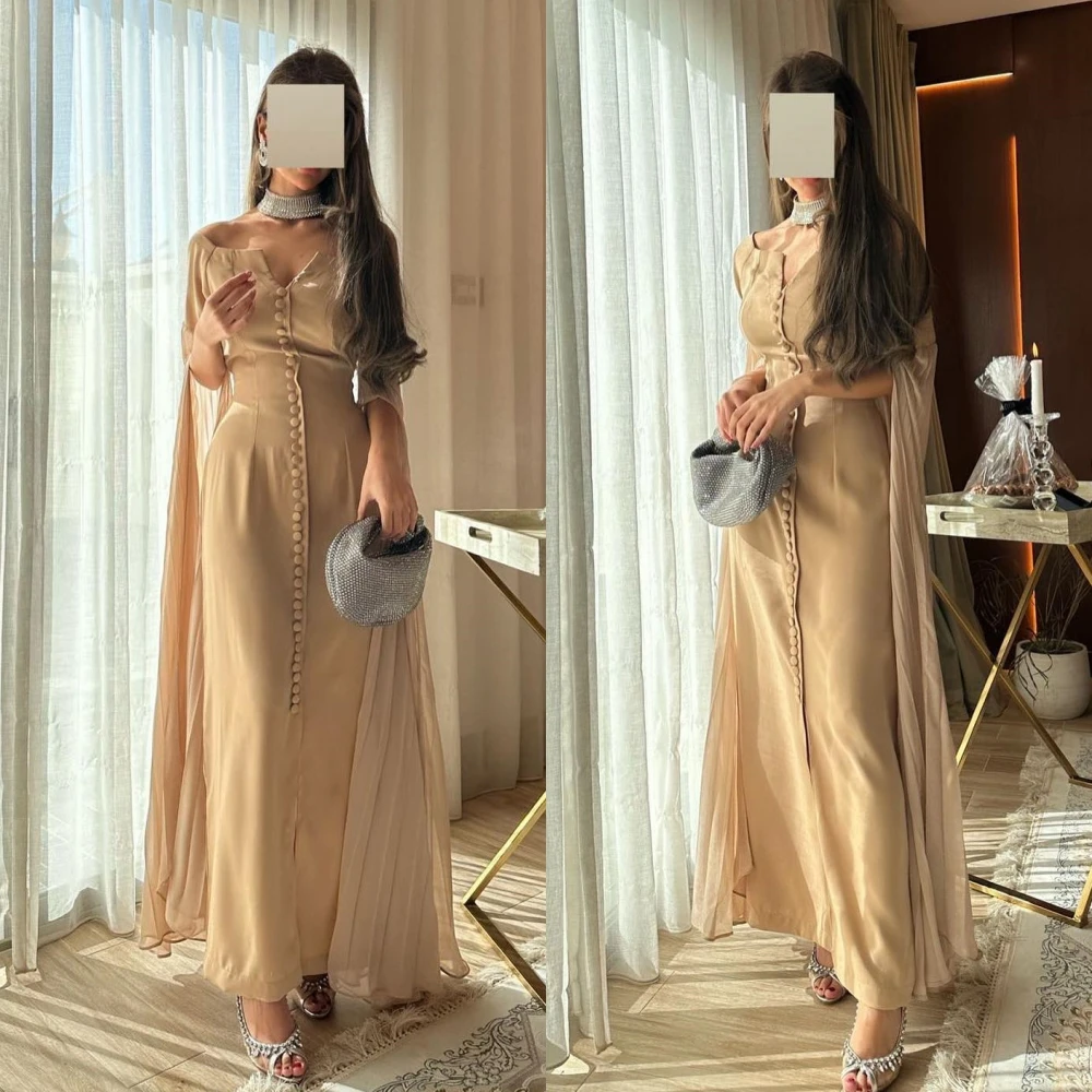   Satin Button Draped Valentine's Day A-line Off-the-shoulder Bespoke Occasion Gown Long Sleeve Dresses