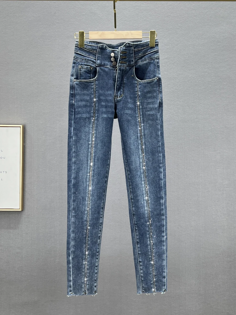 

Women's High Waist Stretchy Fce Denim Jeans Slim Fit Winter Faion European Sle Pencil Pants Deep Color Cotton Elastic