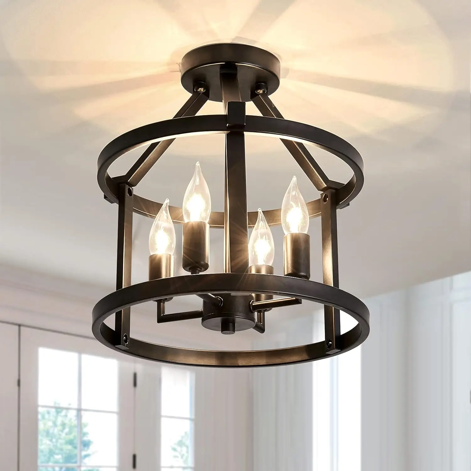 

Matte Black Metal Semi-Flush Ceiling Light Fixture with 4 Candle Holders for Farmhouse Dining Room Bedroom Kitchen