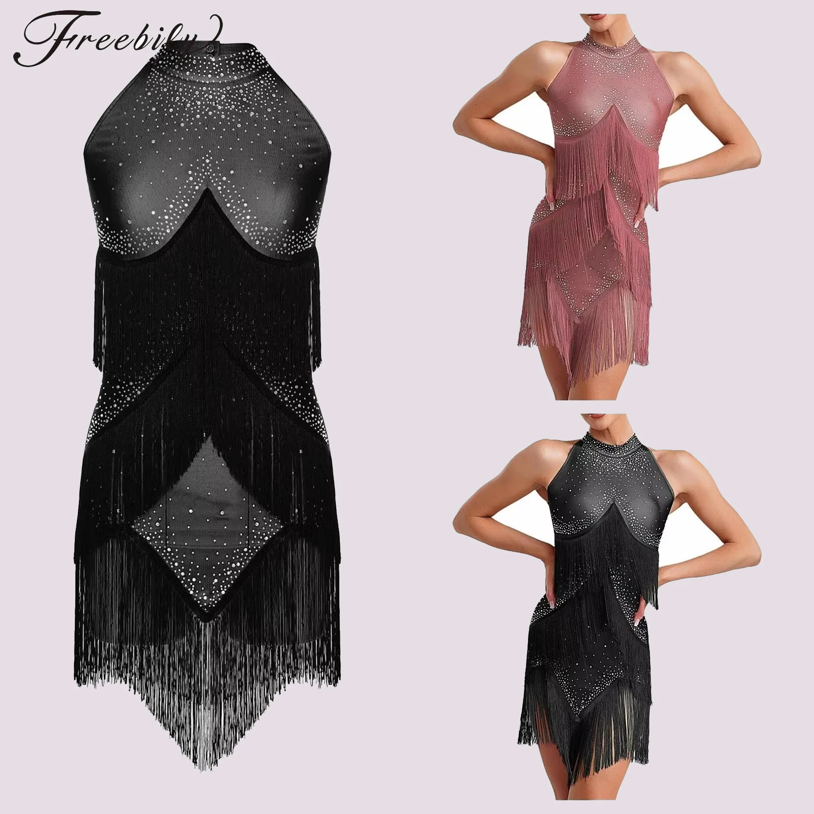 Abito da ballo latino con nappa senza schienale da donna Chacha Tango Dancewear Body con frange Abito da discoteca Cocktail Party Costume