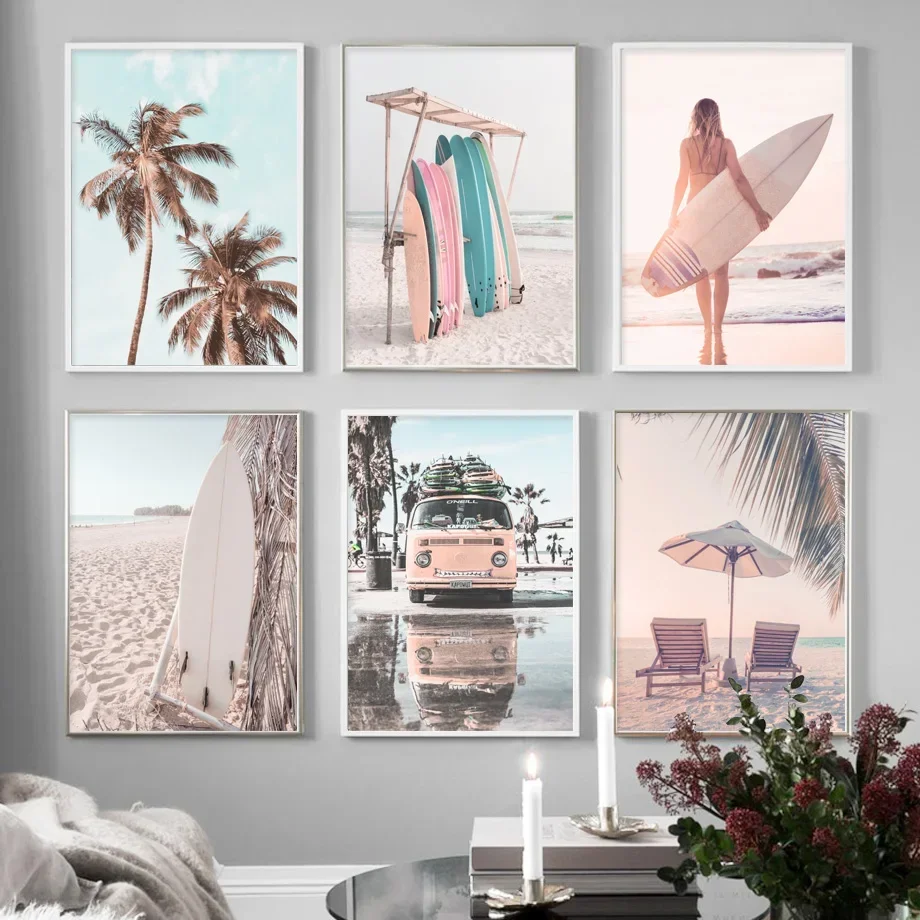 Sunny Beach Bus Surf Palm Trees Aesthetic Canvas Painting Posters and Prints Wall Art Picture For Living Room Decoration