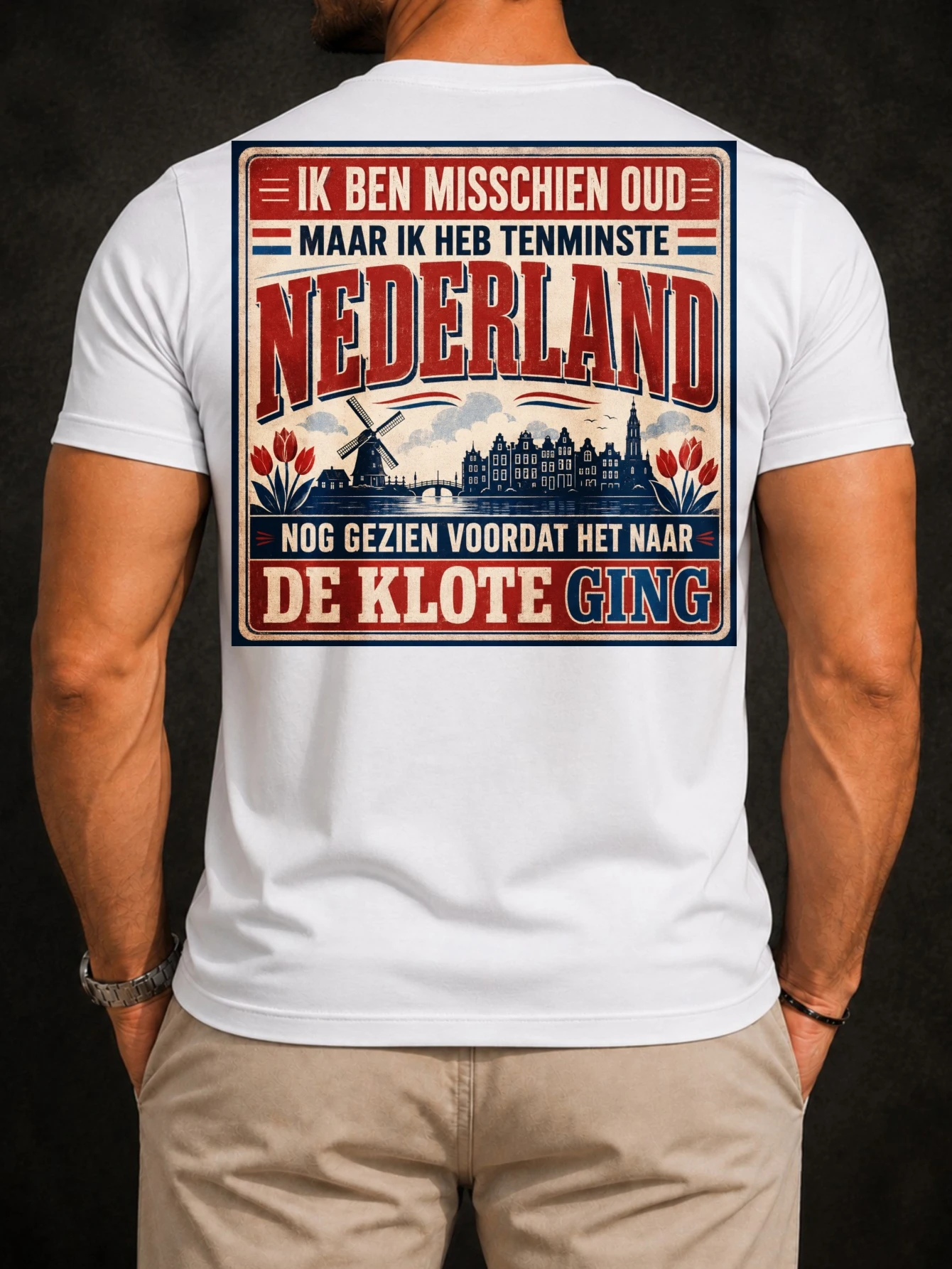 Vintage Dutch Nederland with Windmill Canal Houses Tulips Red Blue Border and Classic Heritage  Unisex All T-Shirt