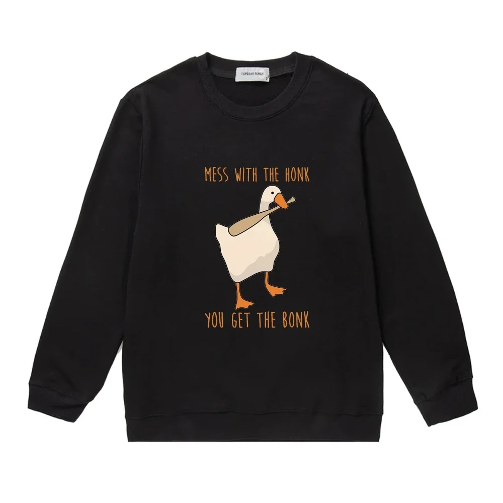 Mess with The Honk You Get The Bonk Print Crew Neck Sweatshirt Men Women Funny Cute Duck Fall Fleece Pullover Black Warm Sweater