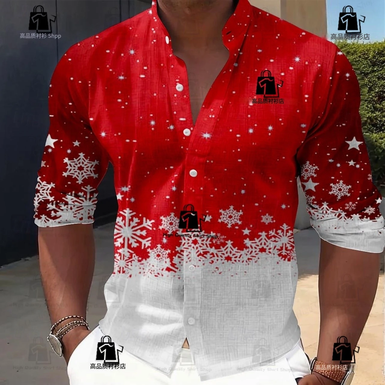 

Christmas snowflake casual men's formal shirt long sleeve shirt party evening daily shirt stand collar linen shirt