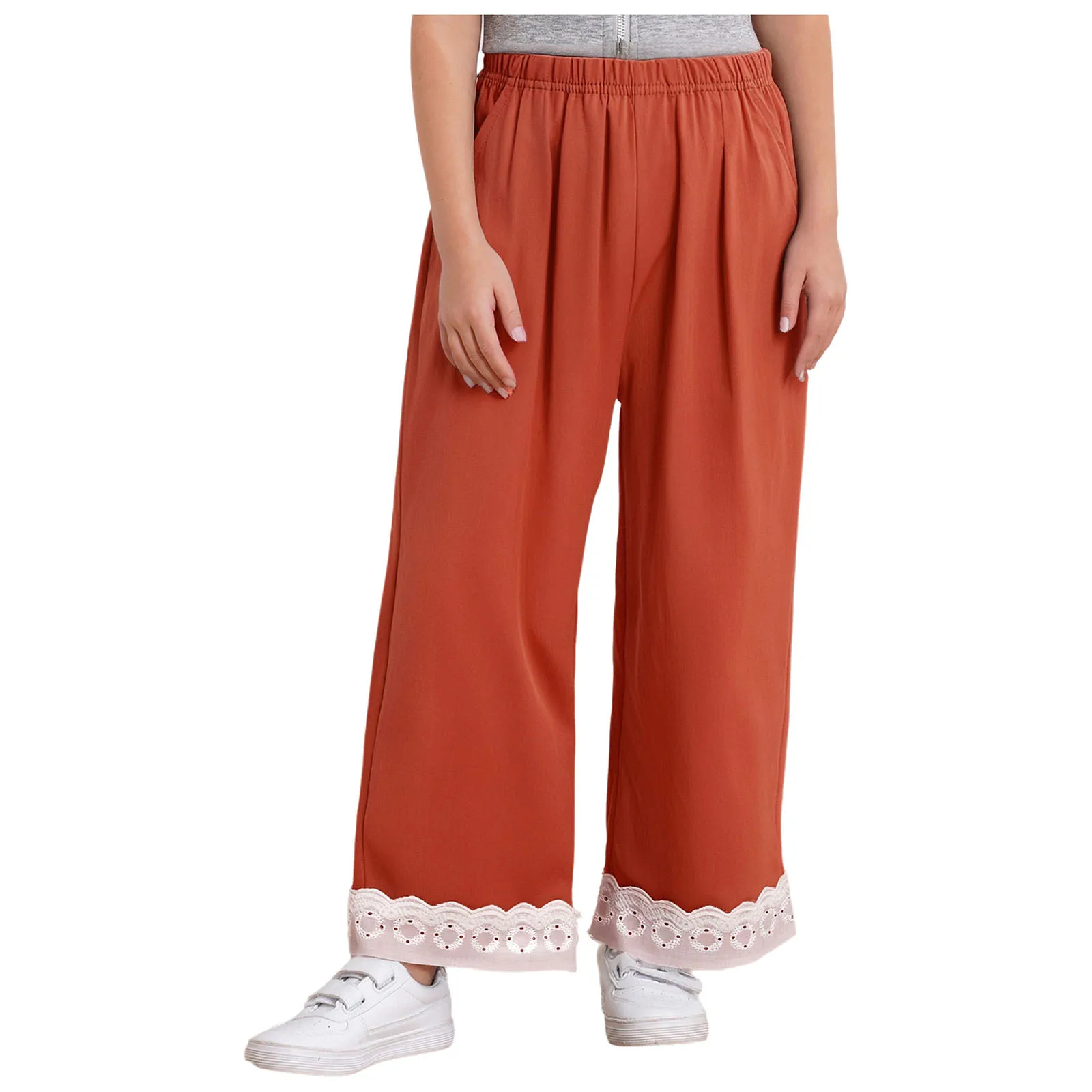 

Kids Girls Pants Summer Cotton Cute Lace Trim Wide-Leg Pants Casual Loose Elastic Waistband Trousers with Pockets Homewear Beach