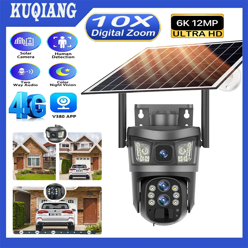 

Solar Outdoor Camera 4G Sim 6K 12MP 10X Zoom Three Lens Wireless CCTV IP PTZ Cameras Auto Tracking Security Solar panel Monitor