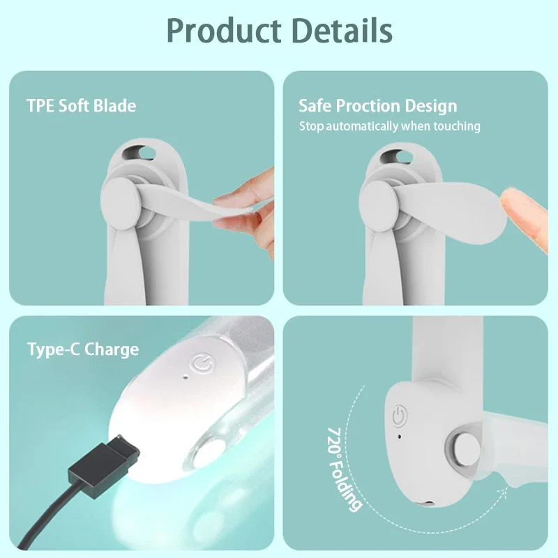 مروحة محمولة USB مروحة صغيرة محمولة قابلة للطي قابلة للشحن نوع-c شحن مروحة جيب شخصية للخارجية 3 سرعات مروحة مكتب صغيرة