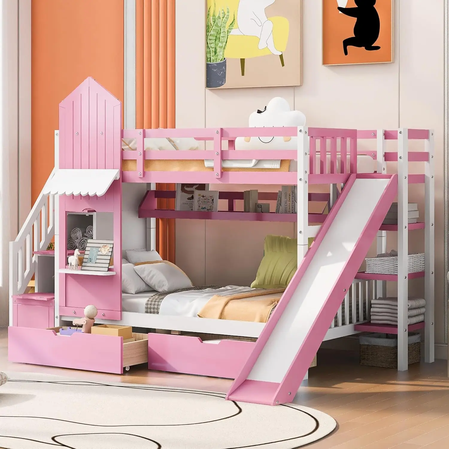 Harper & Bright Designs Twin Over Twin Bunk Bed with Slide and Stairs, Castle Style Bunk Beds with Storage Drawers and Shelves,