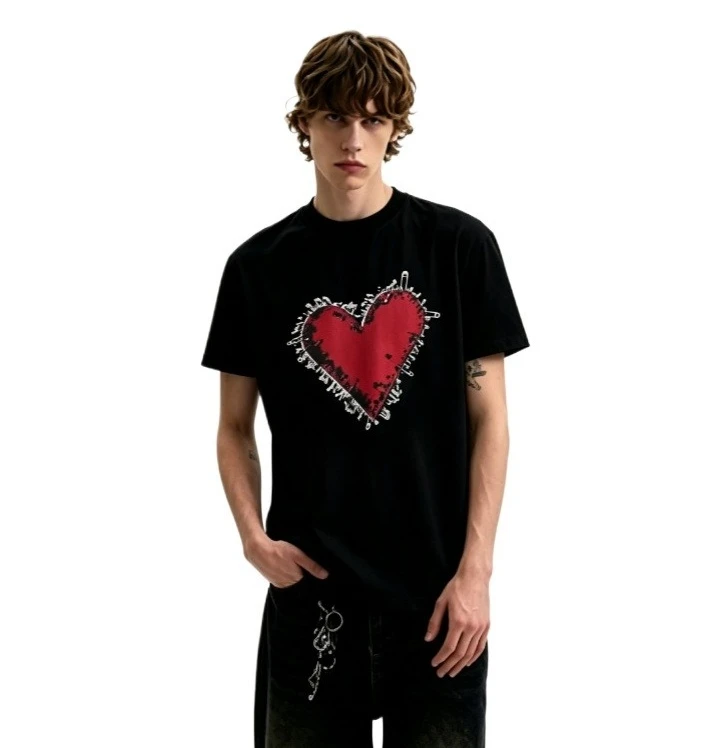 SAI Mx6 Tshirt Vintage Distressed Graffiti Heart Pin Round Neck Short Sleeve Splashed Ink Eye Letter Print Men Women Outfit 2026
