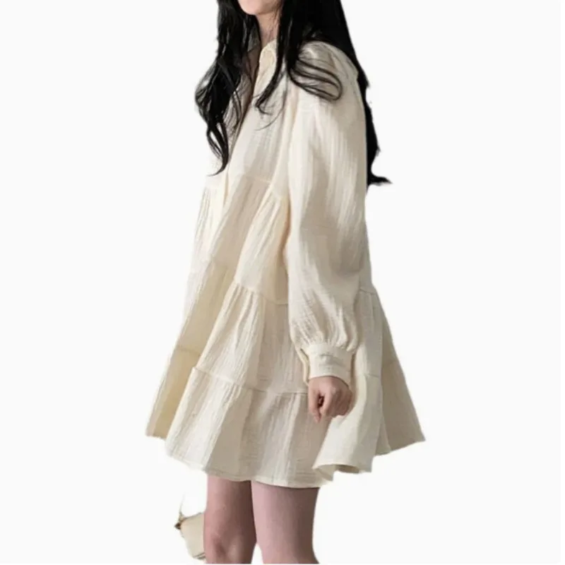 

Slimming Effectiveness Spring Summer Chic round Neck Pleated Design Belted Waist Dress Women's Fashion Commute Bubble Sleeve
