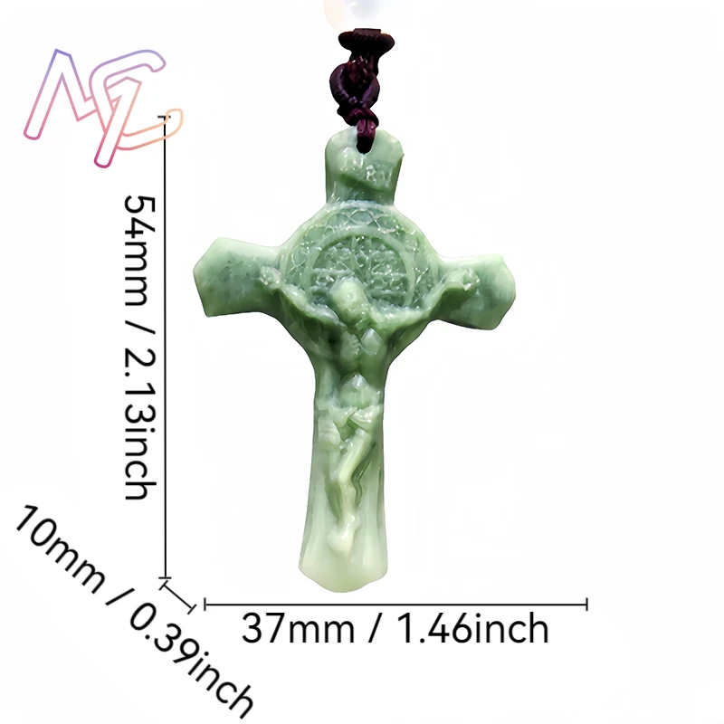 Light Green Natural Jade Jesus Cross Pendant Necklace Real Jewellery Carved Gemstone Fashion Charm Amulet Gifts for Women Men