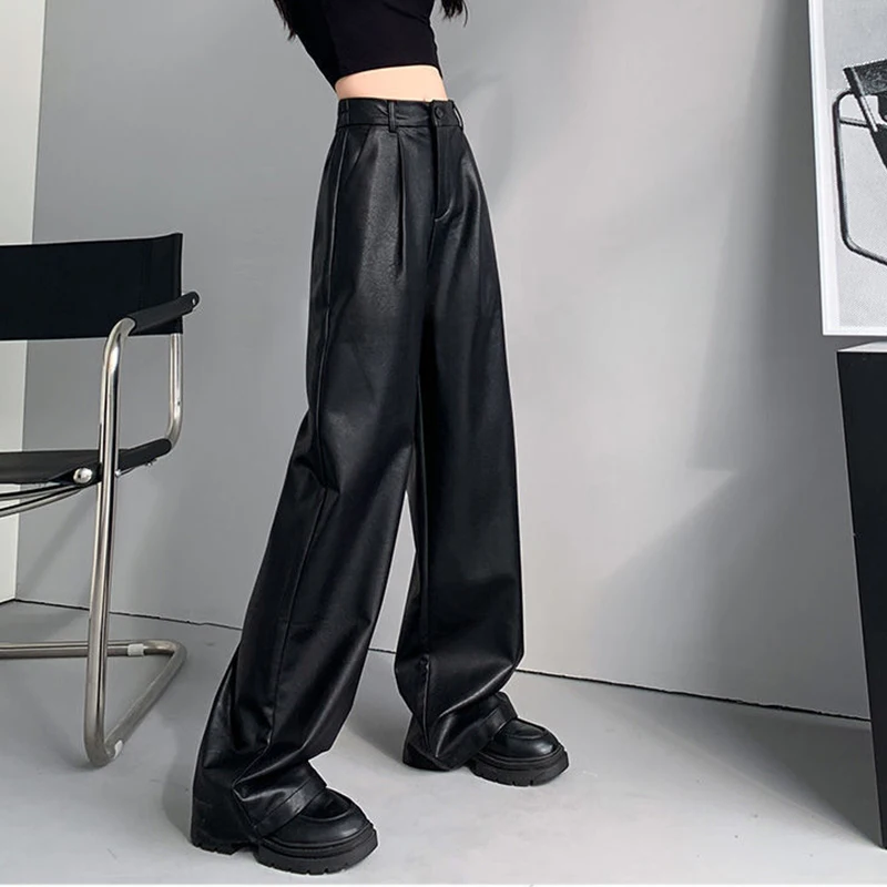 Gidyq Women Cargo Pants All Match Black High Waist Faux Leather Pants Korean Fashion Streetwear Straight Trousers Spring New