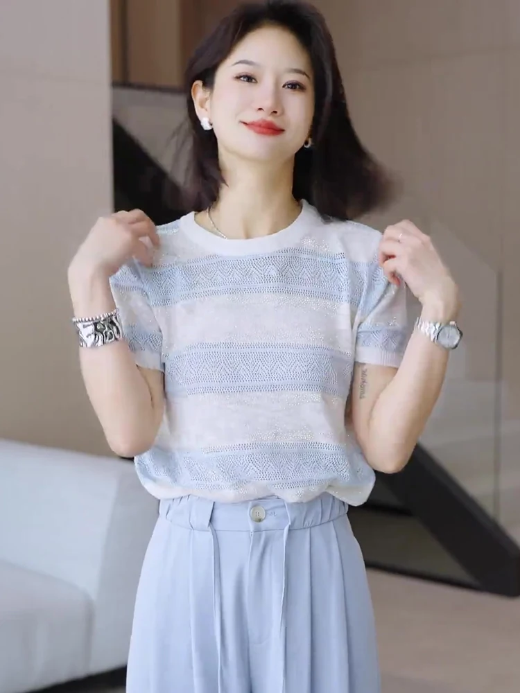 

Sun Protection Knitted T-irt round Ne ort Sve Women's Faionable Breathable Slimming Design Summer Top Poem Art Lin