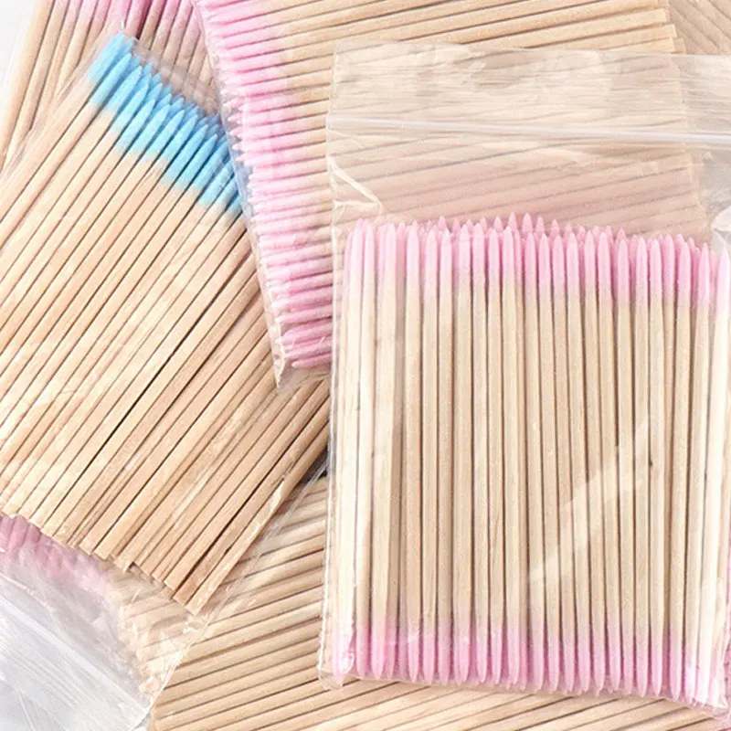500-100pcs Pink Double Head Nail Art Cuticle Pusher Remover 7CM Orange Wood Sticks Cotton Swab Nail Polish Remover Clean Tool