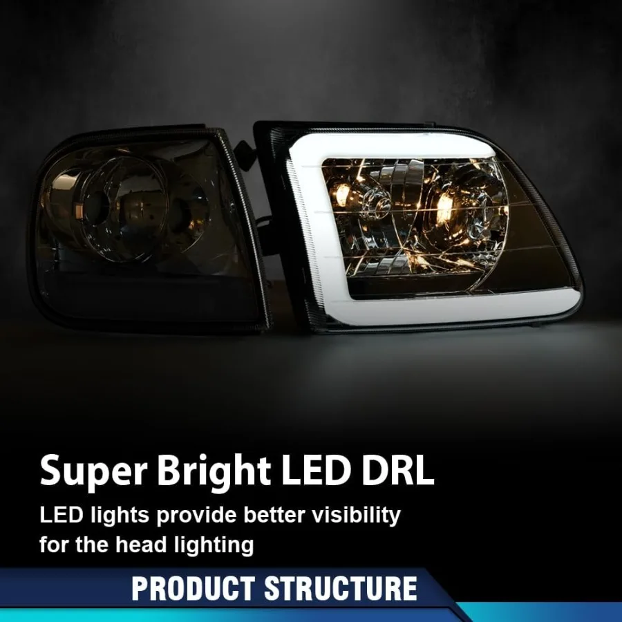 مجموعة مصابيح أمامية LED DRL مع أضواء وقوف السيارات الزاوية لـ 19972003 F150 2004 F150 Heritage 19981999 F250 19972002 Expedition C #4