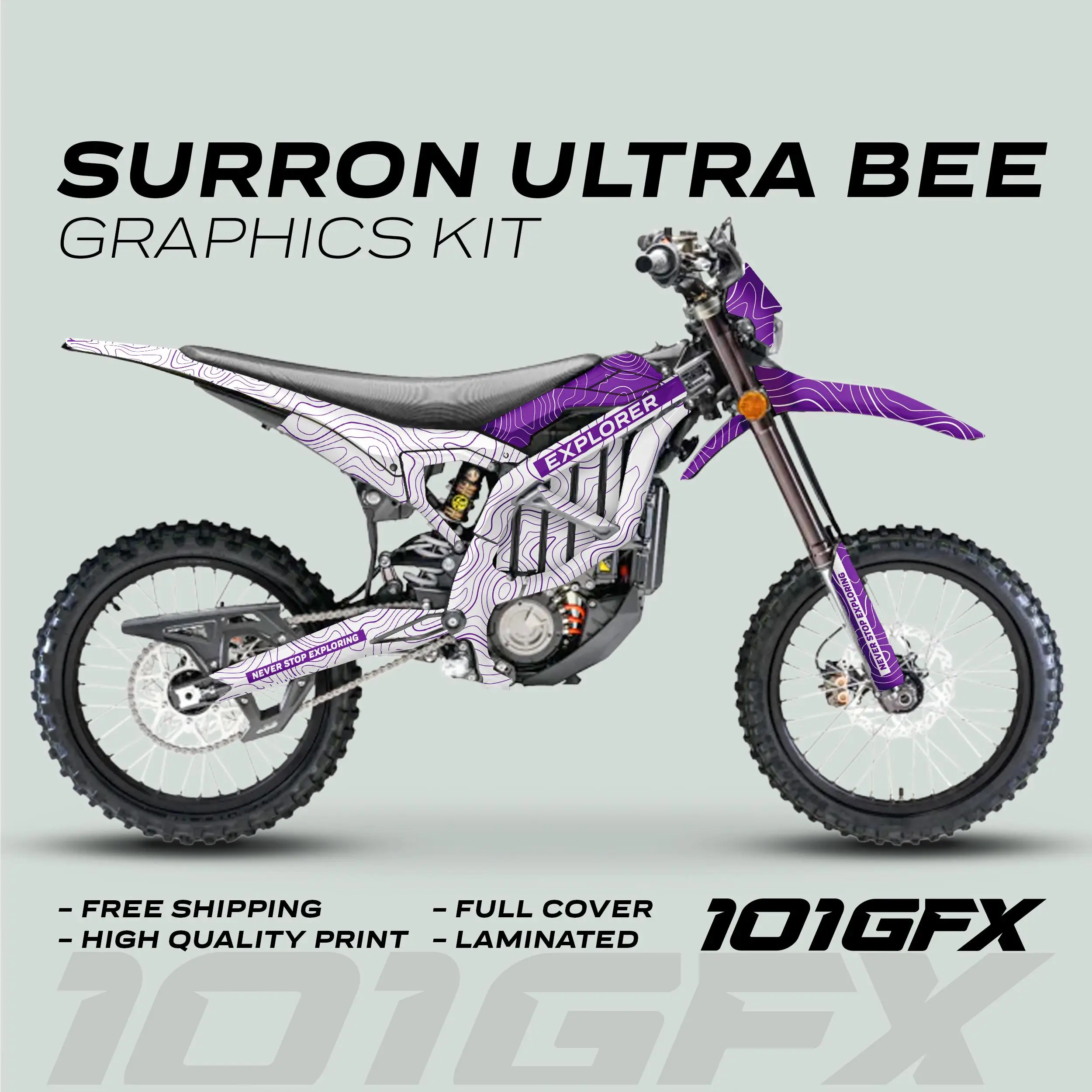 Kit Grafico Explorer Bianco Viola, Adesivi Explore Altitude, Pellicola Protettiva Laminata Per Ebike Surron Ultra Bee-image