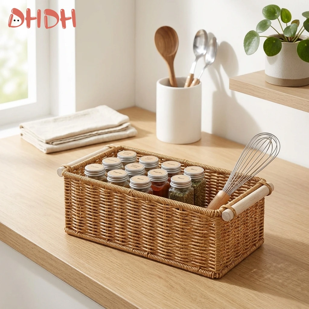 Hochwertiger Skandinavischer Schreibtisch-Organizer Korb aus Handgewebtem Kunststoff-Rattan Hochwertige Küchen-Aufbewahrungsbox Für