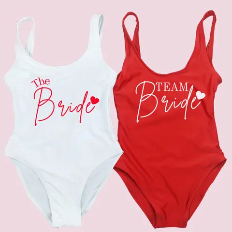 TEAM Bride Heart Print One Piece Swimsuit Women Swimwear High Cut Low Back Sexy Bodysuit Bachelor Party Bathing Suit Swimming