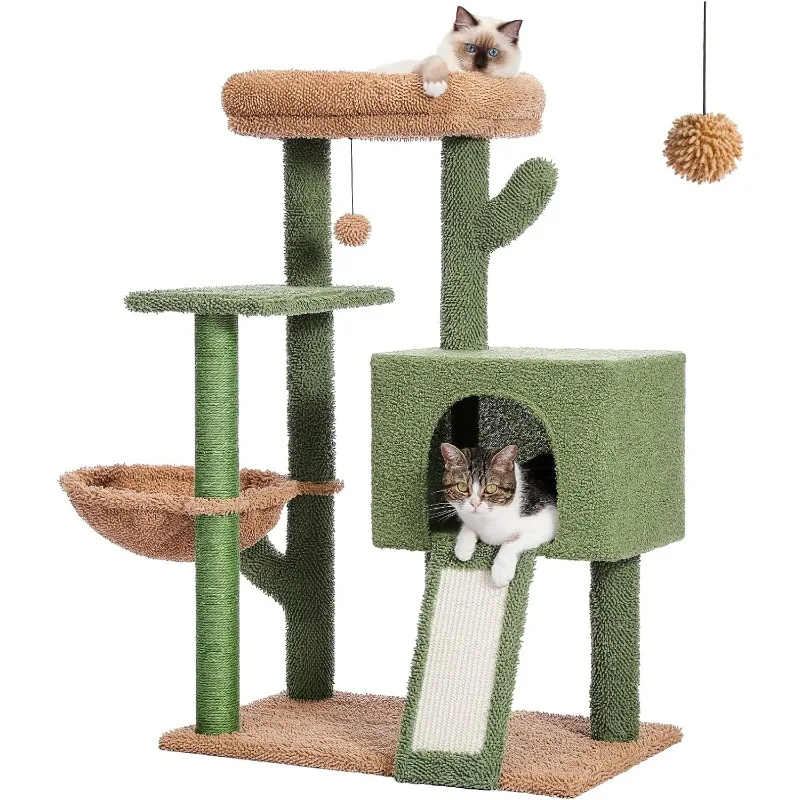 

41 Inches Cactus Cat Tower with Sisal Covered Scratching Post and Cozy Condo for Indoor Cats, Cat Climbing Stand