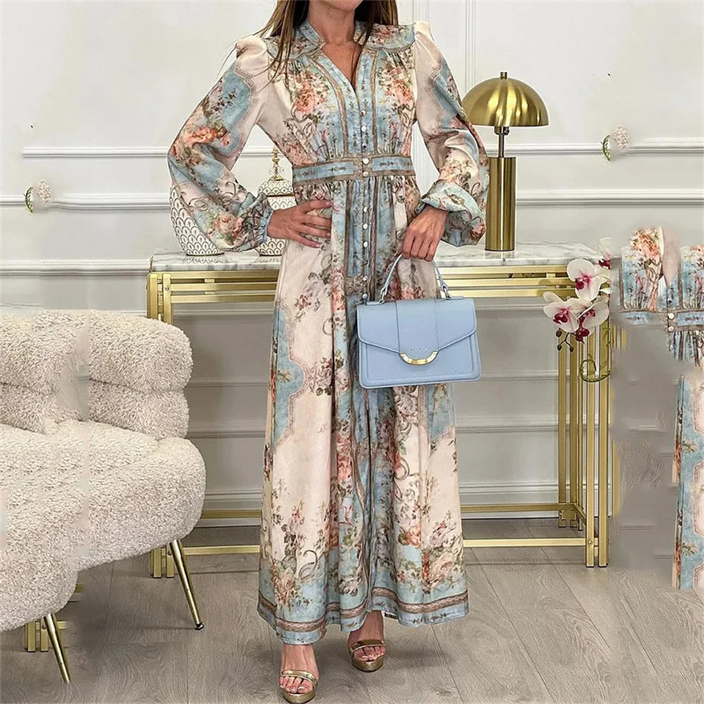 

Retro Print Pleat Draped Long Dress for Women Elegant Long Lantern Sleeve Single Breasted Maxi Dresses Lady Mid Waist Robe