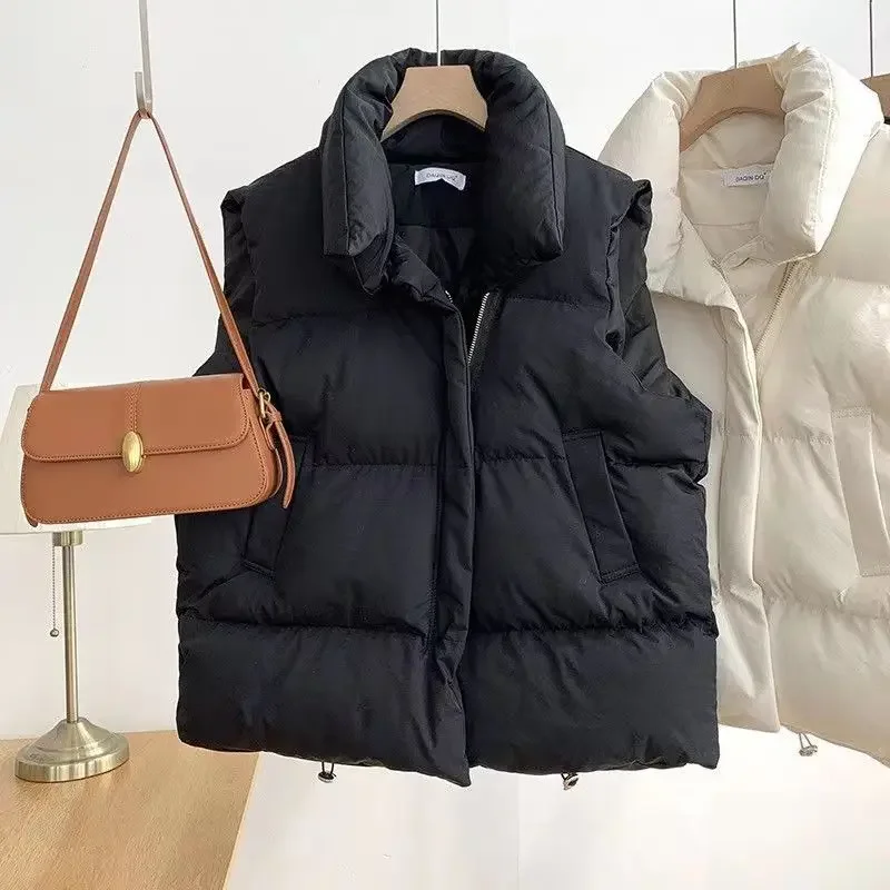 Korean Women Sleeveless Down Jacket Stand Collar Elegant Down Coats Warm Outerwear Casual Belt Winter Female Cotton Vests Jacket