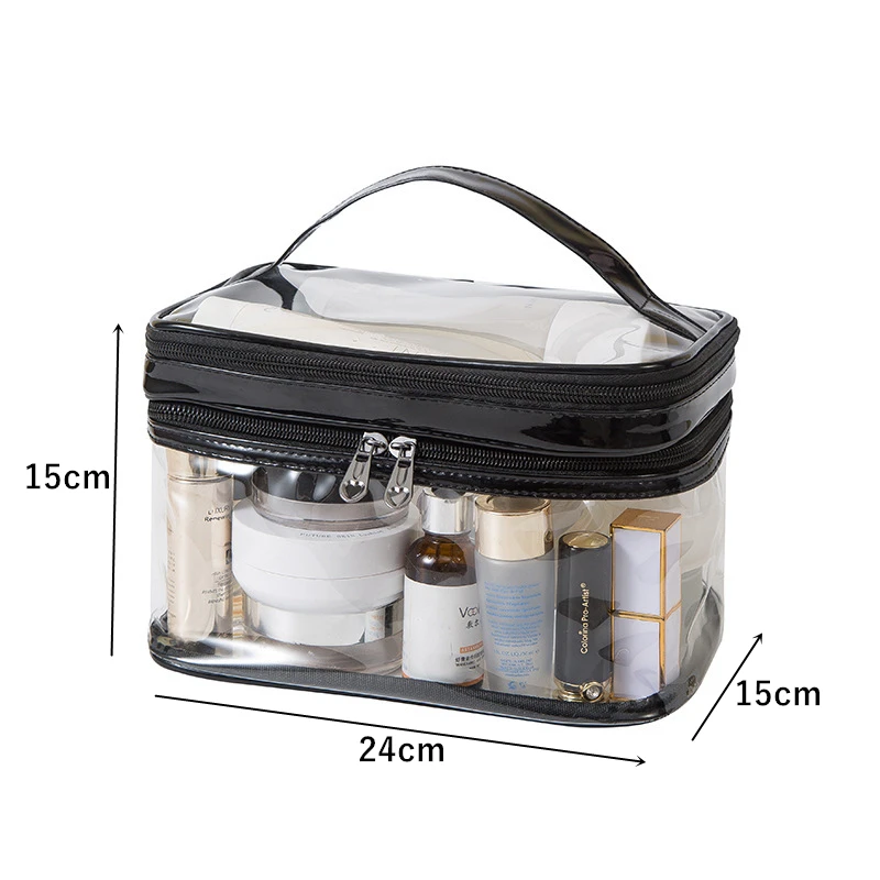 PVC transparente dupla camada portátil cosméticos saco de grande capacidade camadas impermeável Toiletry saco conveniente para viajar