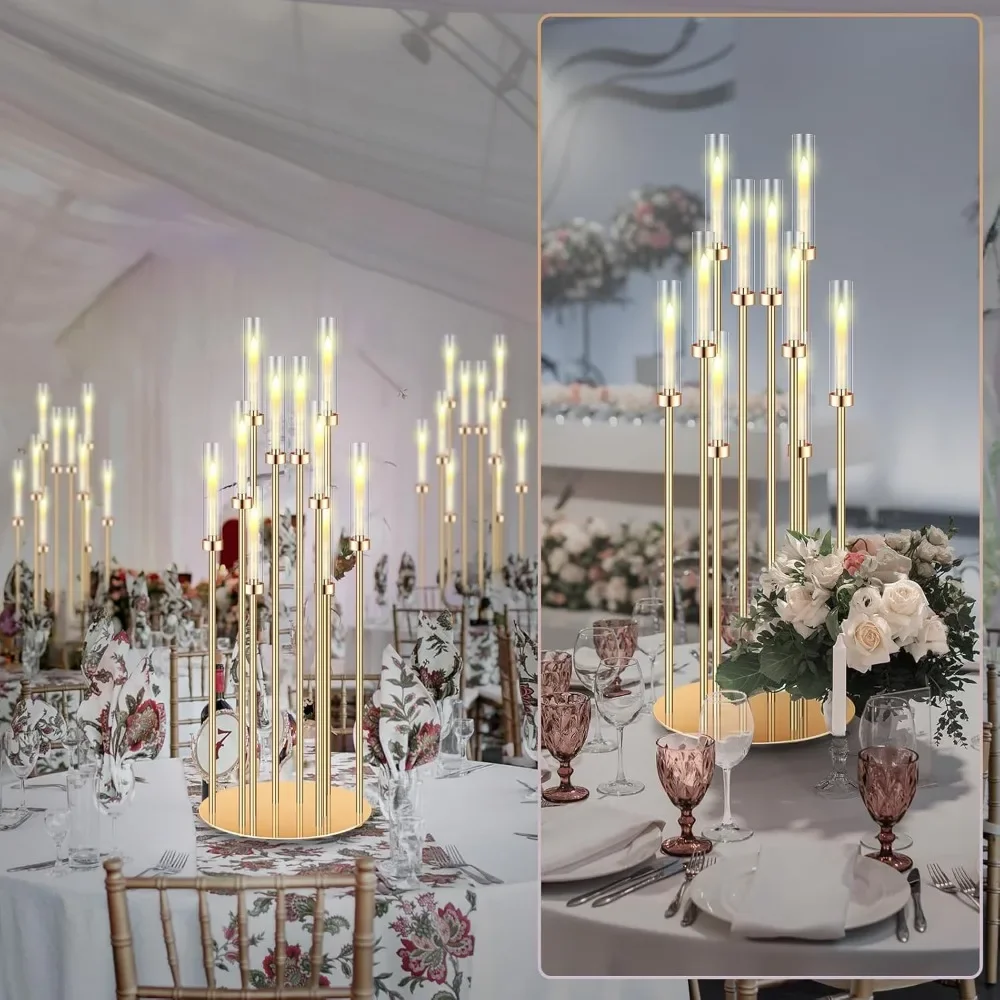 4 Pcs 10 Arm Gold Floor Candelabra Centerpieces with 40 LED Candles 46.5'' Tall Wedding Metal Candle Holder Clear Candlestick