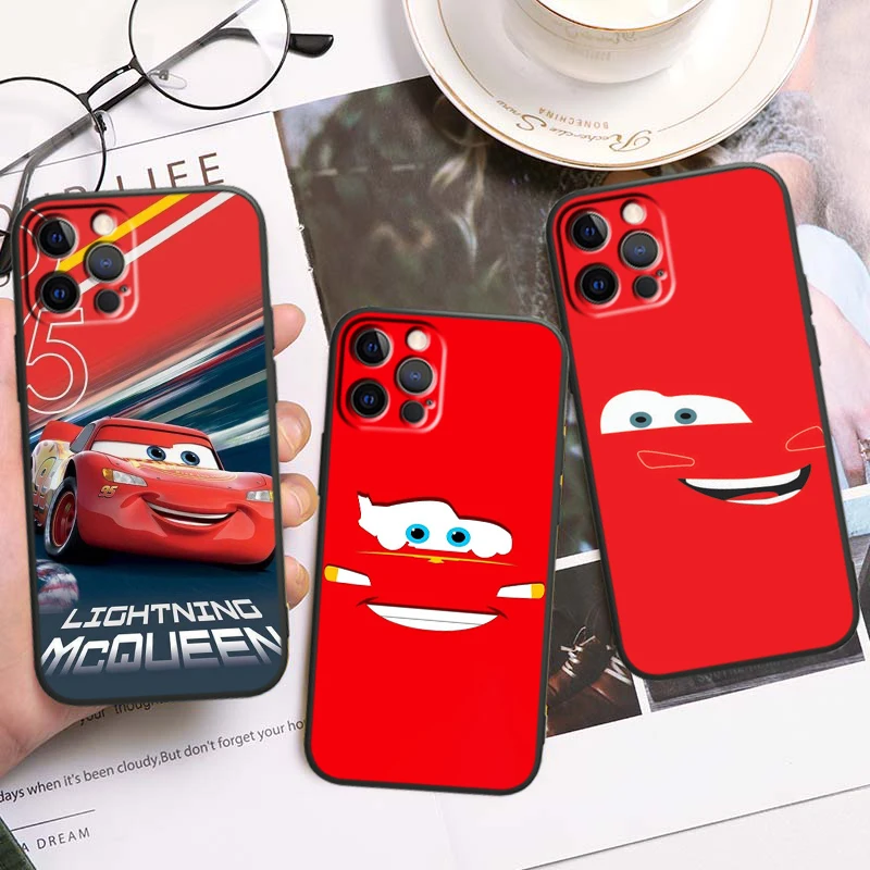 

Lightning McQueen Disney Cars For iPhone 15 14 13 12 11 XS XR X 8 7 SE Pro Max Plus Mini Black Soft Phone Case