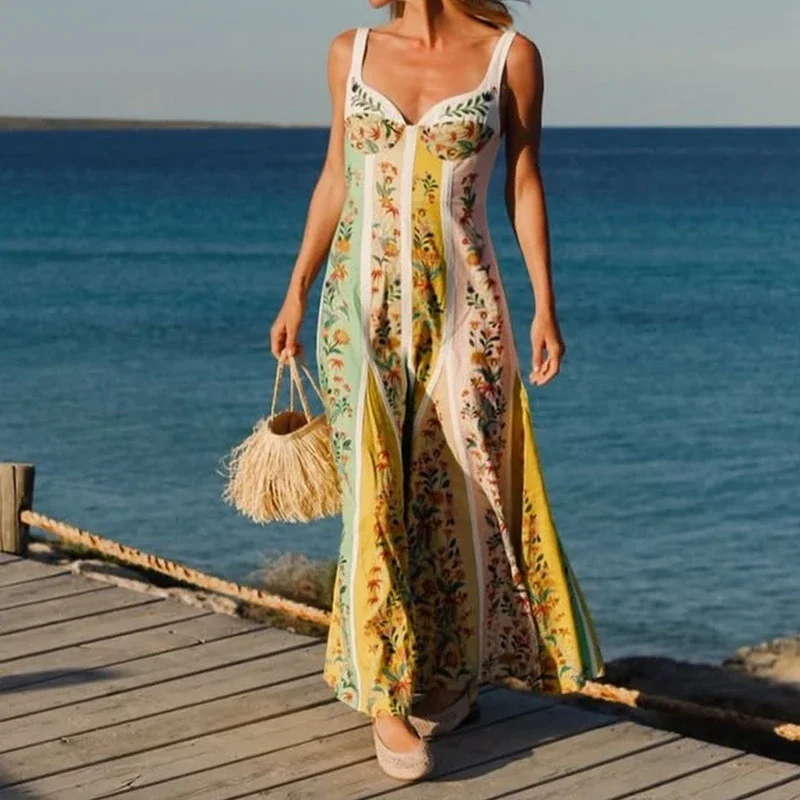 Sukienka damska w stylu boho z kwiatowym nadrukiem, dopasowana, codzienna, z wysoką talią, bez rękawów, z odkrytymi plecami, długa, elegancka, plisowana, lniana.