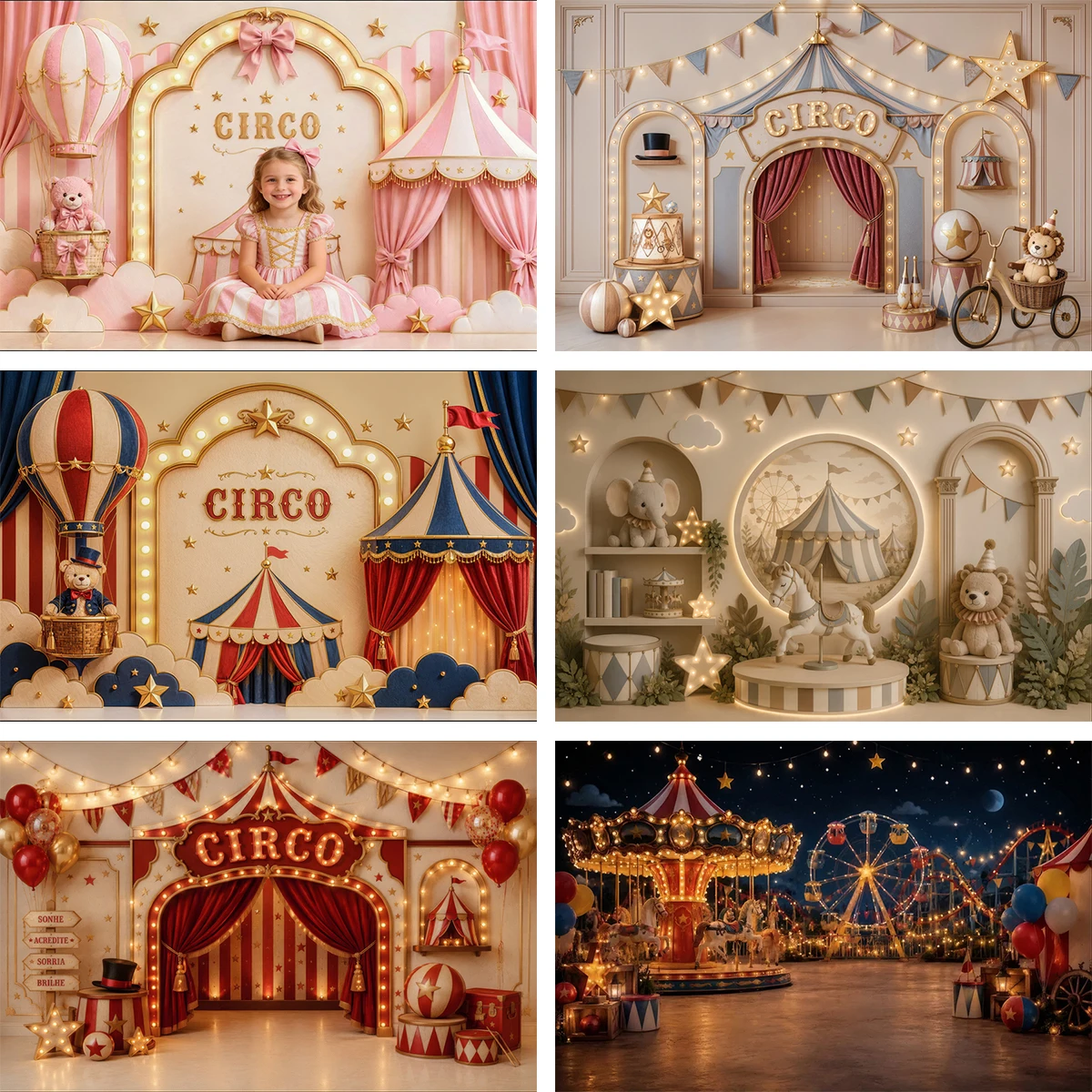 Kids Photography Backdrop Circus Tent Hot Air Balloon Carousel Ferris Wheel Newborn Baby Birthday Party Photo Studio Background