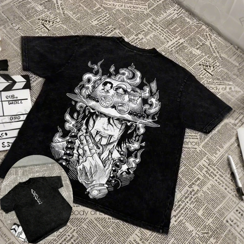 One Piece Herren- und Damen-T-Shirt im Used-Look, Portgas D. Ace, Sommer- und Frühlings-Y2K-Anime-Baumwoll-T-Shirt, Retro-Distressed-Kurzarmshirt
